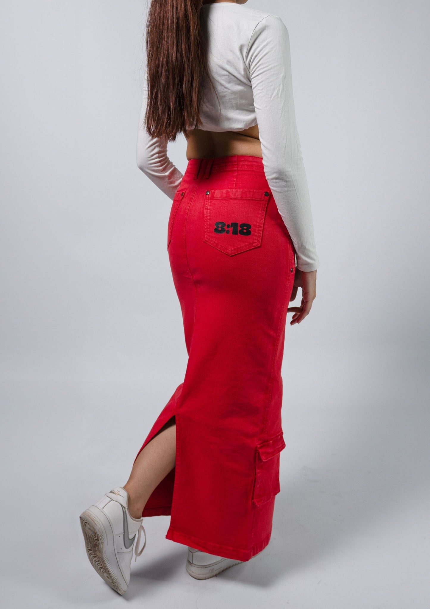 Red Long Cargo Skirt