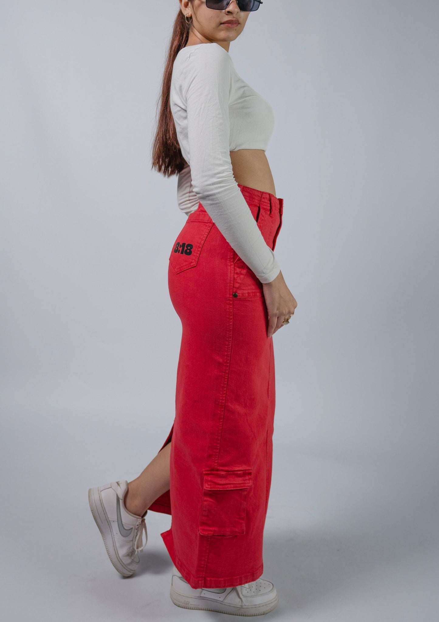 Red Long Cargo Skirt