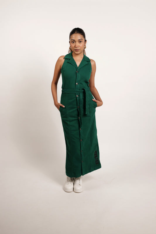 Green long denim dress