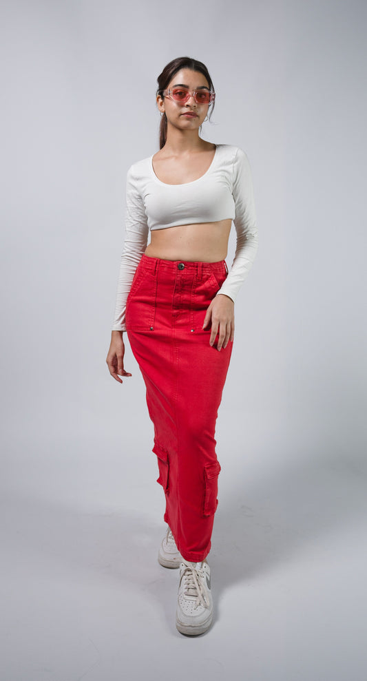 Red Long Cargo Skirt