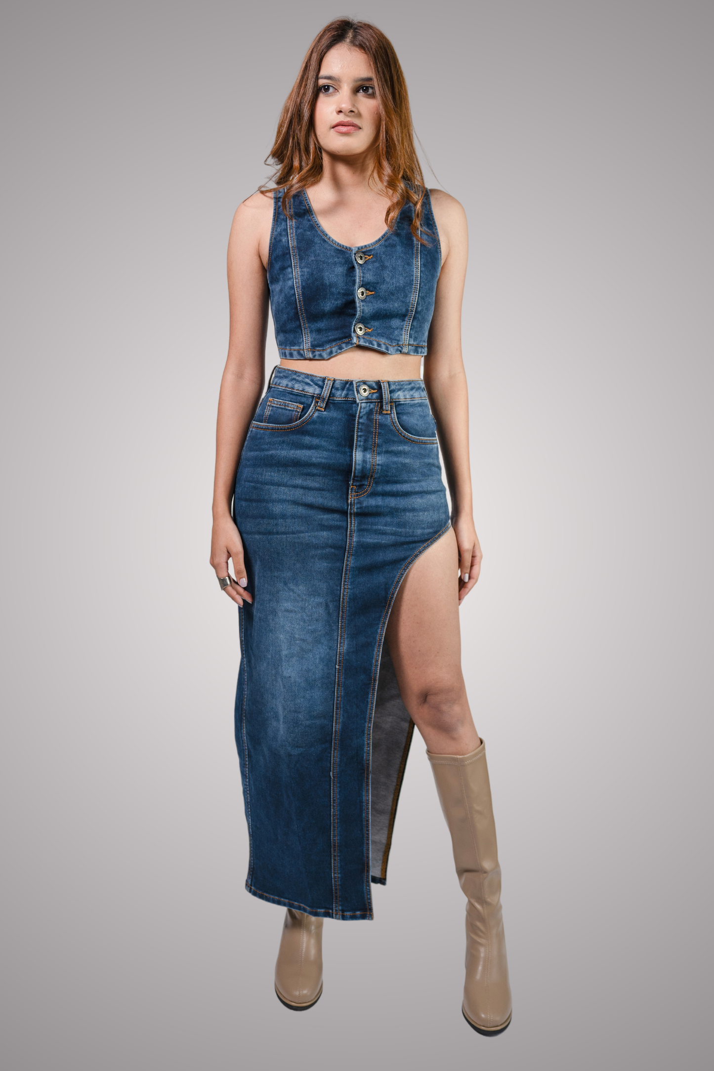 Denim High Slit Skirt