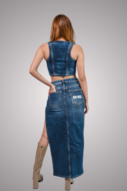 Denim High Slit Skirt