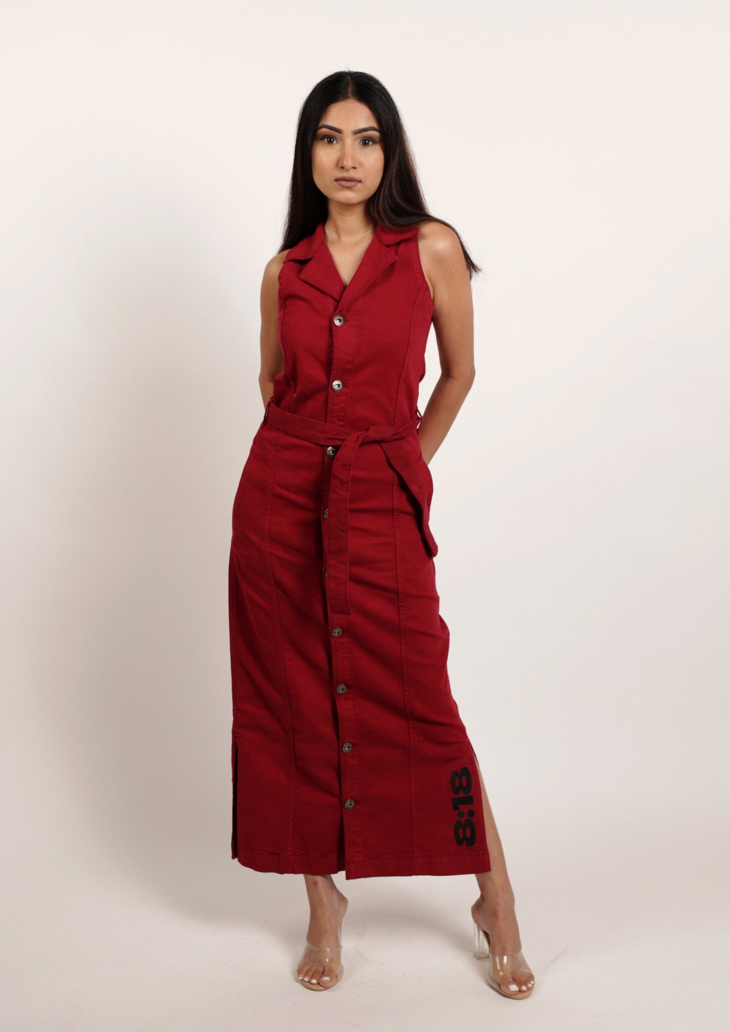 Red long denim dress