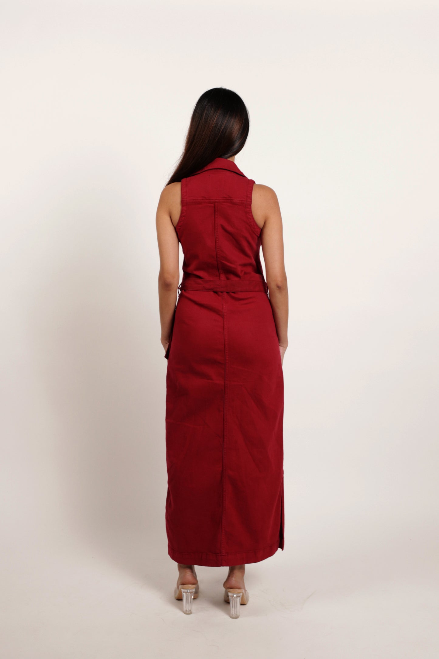 Red long denim dress