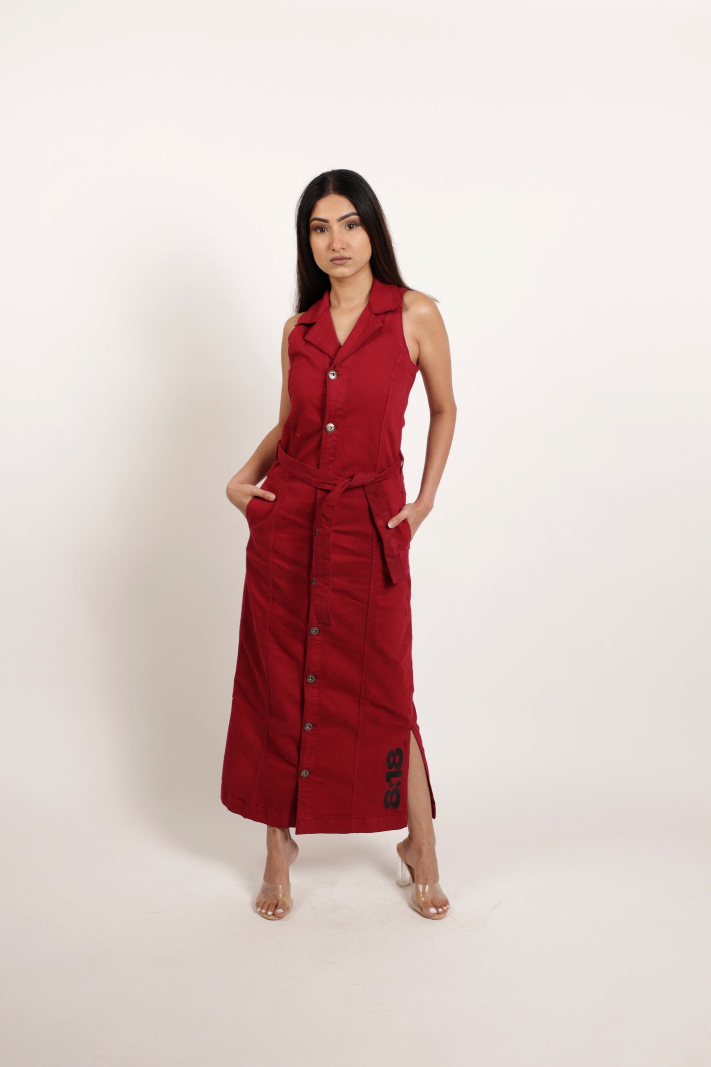 Red long denim dress